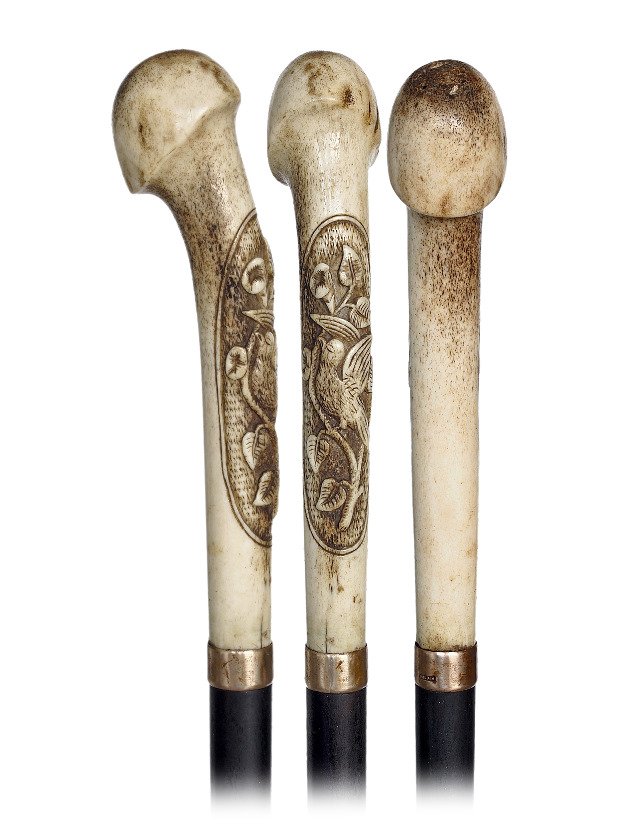 95. Mildly Erotic Stag Horn Handle-Ca. 1890-Stag horn: 95. Mildly Erotic Stag Horn Handle-Ca. 1890-Stag horn handle fashioned in a stylized erected male organ and carved with a bird on a twig in a large oval shield. Ebony shaft with a plain metal collar s