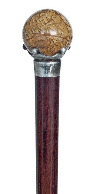 103. Hard Stone Ball knob-20th Century-Rarely: 103. Hard Stone Ball knob-20th Century-Rarely encountered Pierta Paesina ball knob with a “ A La Reine” or “Queen Crown” white metal collar, well figured rosewood shaft and a matching horn fe