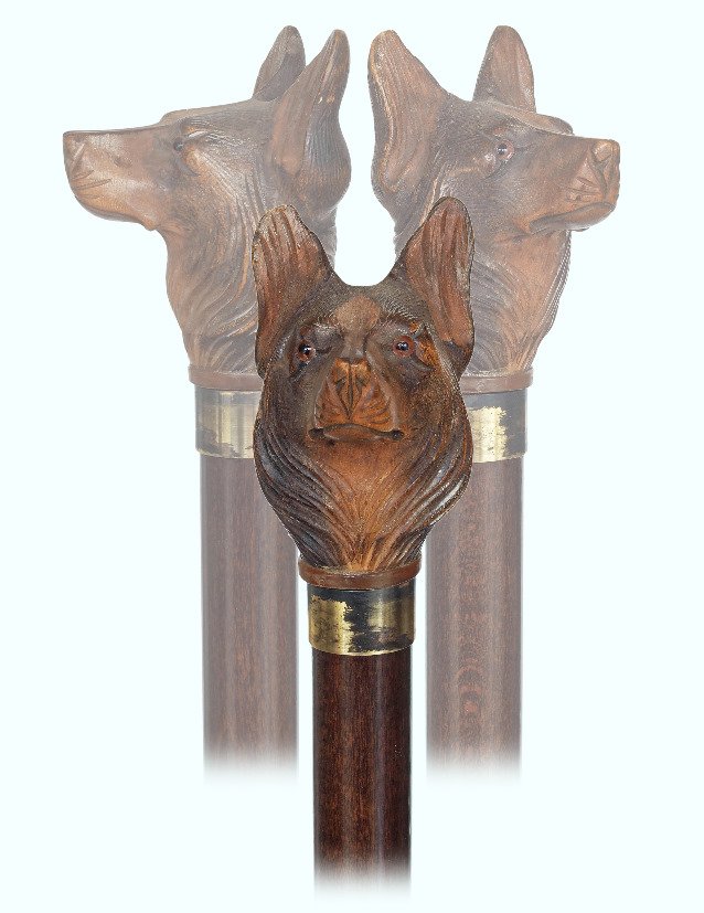 121. Dog Head Day Cane-Ca. 1920-Fruitwood dog head knob (1 of 2)