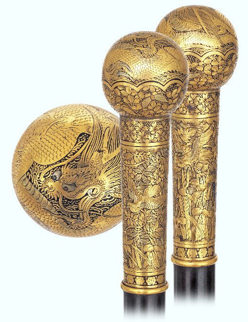 7. Japanese Export Damascene Art Cane-Ca. 1890-Straight: 7. Japanese Export Damascene Art Cane-Ca. 1890-Straight damascene steel handle densely decorated with 24 karat yellow gold and silver wire inlay. The ball top shows a dragon in the clouds while its lo