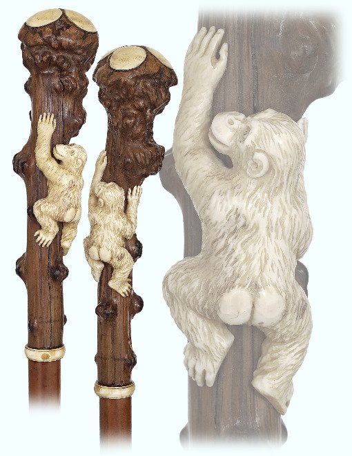 13. Ivory Monkey and Vine Cane-Ca. 1890-Longer handle: 13. Ivory Monkey and Vine Cane-Ca. 1890-Longer handle fashioned of one substantial piece of vine with an adequately grown, widening top, malacca shaft and a 3” tall stag horn ferrule. The handle is 