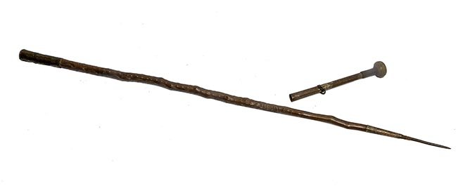 164. Mikilla Defensive Cane- Ca. 1890- A horn handle: 164. Mikilla Defensive Cane- Ca. 1890- A horn handle with a 3“ pike blade hidden, knobby branch shaft, probably from Biarritz and a large brass ferrule. O.L.- 36“ $150-$250.