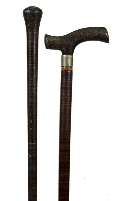 176. Pair of Leather Washer Canes- Ca. 1910- One with a: 176. Pair of Leather Washer Canes- Ca. 1910- One with a nice horn handle, fine condition and both have ferrules, Average O.L.- 34“ $100-$150