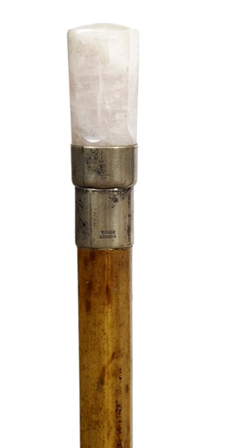 187. Quartz Dress Cane- Ca. 1890-A pretty quartz handle: 187. Quartz Dress Cane- Ca. 1890-A pretty quartz handle with a violet tint, large silver collar which is signed Brigg London, thick ebony shaft and a horn ferrule-H. 2 ½” x 1 1/8”, O.L. 36”- $3