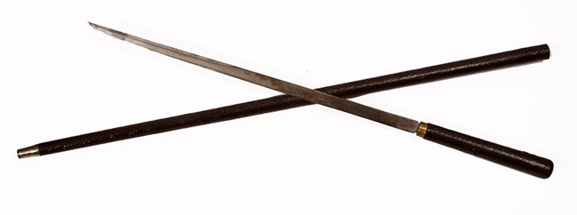 59. Birch Bark Sword Cane- Ca. 1920- A nice full bark: 59. Birch Bark Sword Cane- Ca. 1920- A nice full bark Japanese sword cane, metal ferrule, 19” two-sided blade with push/pull mechanism. H- 7” x 1 ¼” O.L.- 36” $250-$350.