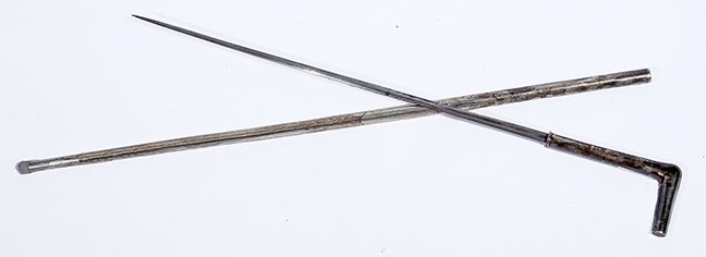79. Silver Dress Sword Cane- Ca. 1900- An unusual: 79. Silver Dress Sword Cane- Ca. 1900- An unusual completely silver plated handle and shaft, no markings, stopper ferrule, fine condition but needs a cleaning, 21 ½” two-sided blade with push/pull 