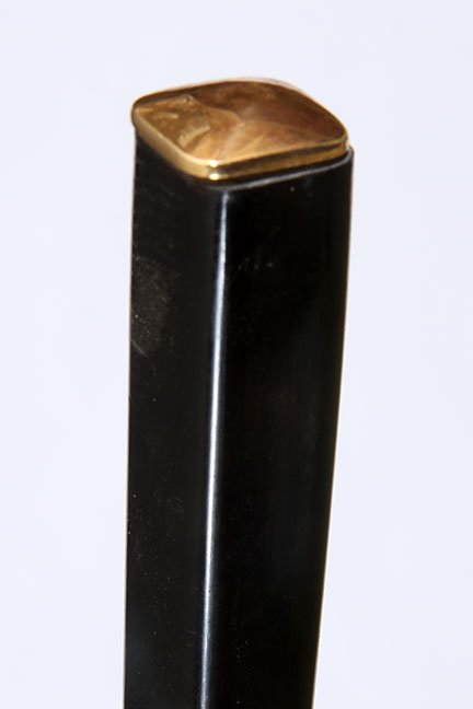 77. Gold Dress Cane- Ca. 1920- An unsigned but 14 kt: 77. Gold Dress Cane- Ca. 1920- An unsigned but 14 kt square dress cane, which is signed “Sulke” ebony shaft and a horn ferrule. O.L.- 38” $150-$250