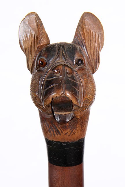 87. Boxer/Bulldog Cane-Ca. 1900-A carved glove holder: 87. Boxer/Bulldog Cane-Ca. 1900-A carved glove holder cane with a spring mechanism in its lower jaw, only one glass eye, early painted collar, thick exotic wood shaft and a metal ferrule-H. 3 ½” x 