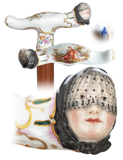 1. Meissen Porcelain Figural Cane-Ca. 1850-Large (1 of 7)