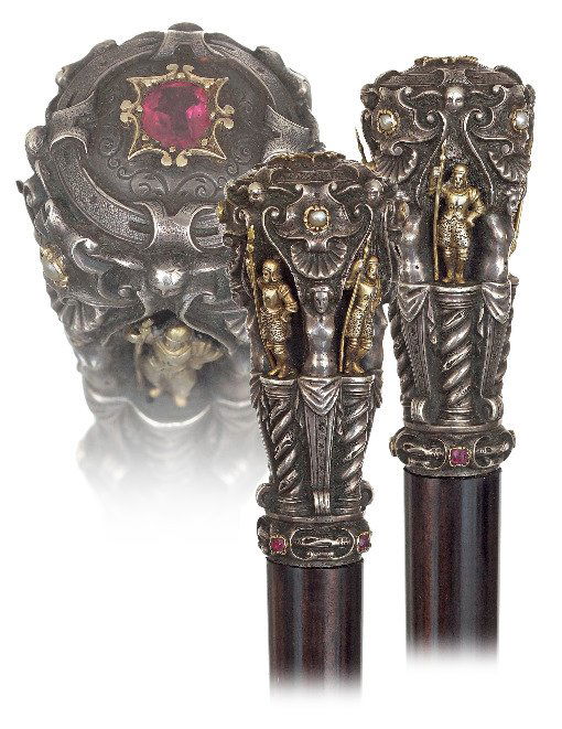20. Jeweled silver and Gold Figural Dress Cane-Ca. (1 of 5)