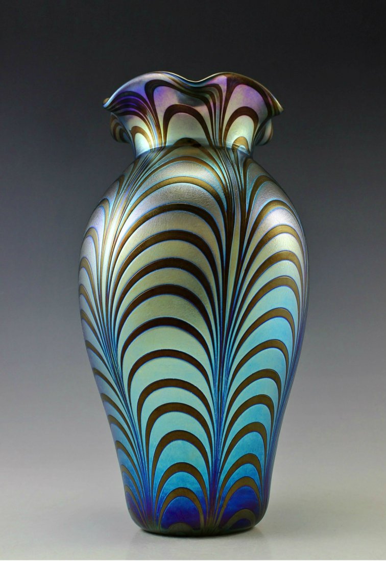 Bohemian Art Nouveau Iridescent Art Glass Vase: It is breathtaking high quality finish glass.Shape and decoration evoke to brand famous manufacturers Loetz , Kralik. Extraordinary beautiful piece of the finest quality glass hand made in the Bohemia