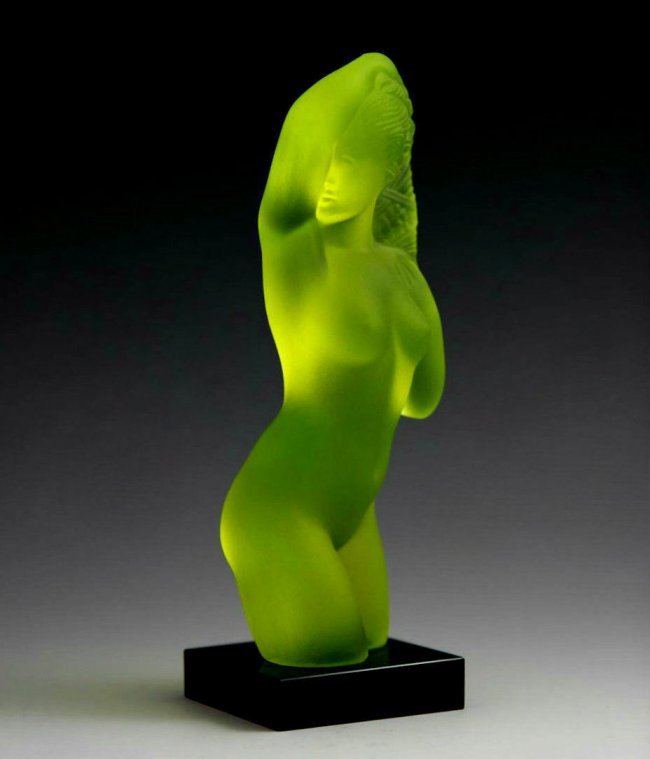 Art Deco Glass Nude Girl: '' Nude Girl Ingrid'' Very beautiful decoration,this piece is a great addition to collection or agreat gift. Art Deco Bohemian Glass Car Mascot on Black Marble Glass Pedestal - The plinth is attached