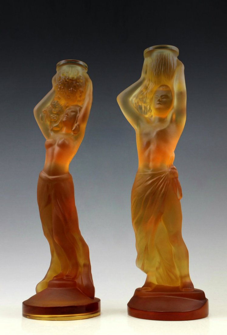 Art Deco Amber Glass 2 Candlesticks Woman & Man (1 of 1)