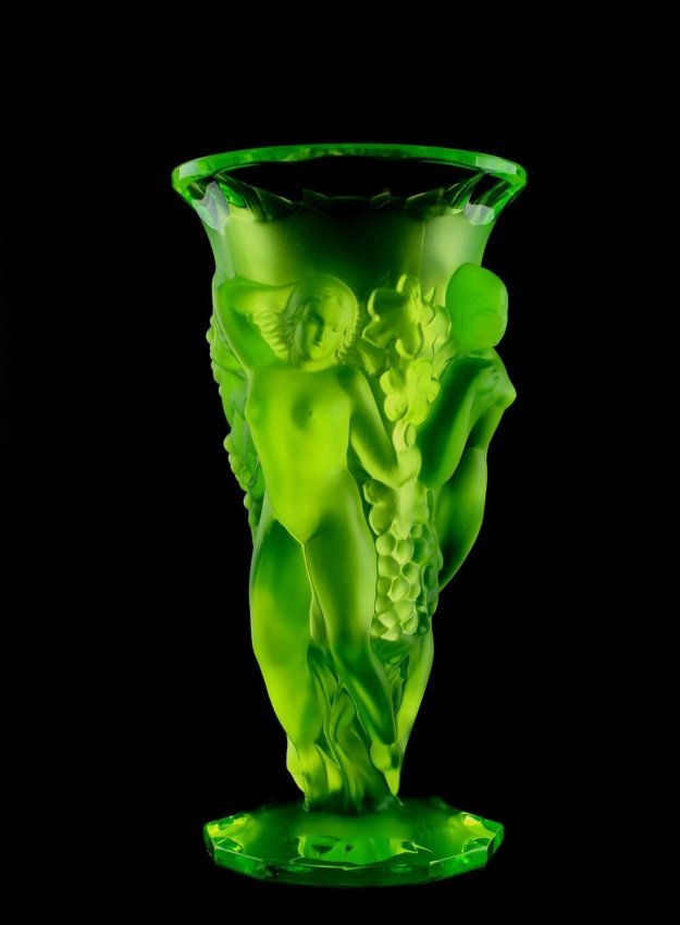 Glamorous Art Deco Bohemian Glass Nude Figural Vase: Top Quality Art Deco Vaseline Glass Vase in the style of Art Deco . This Vase was originally made by Lalique , this piece was made in Bohemia from ORIGINAL Antique molds that was used back in 1930’s