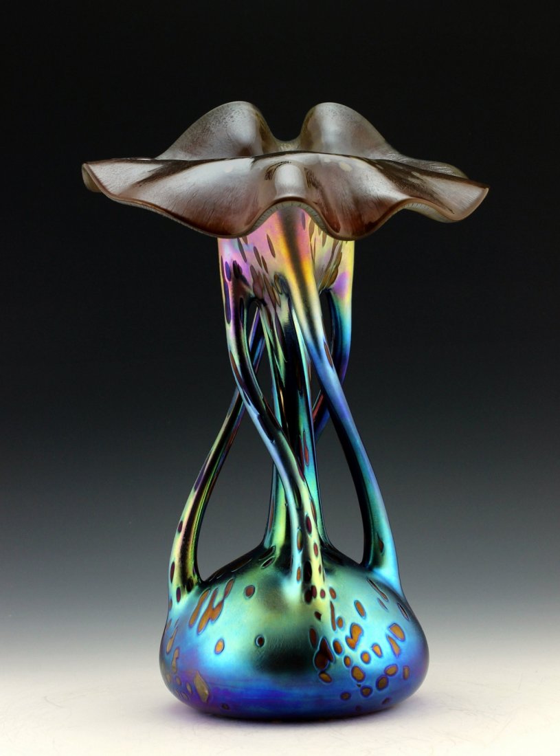 Bohemian Art Nouveau Iridescent Art Glass Vase: Art Nouveau Iridescent Glass Vase. This piece is a great addition to collection or a great gift. It comes from collection of modern - antique Vintage looking pieces and the artist who created this gla