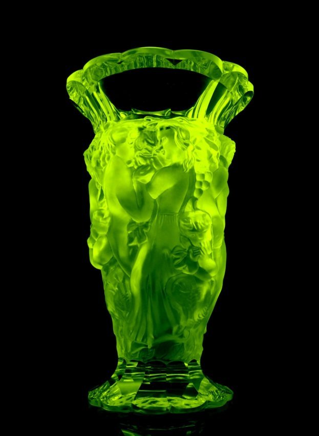 Art Deco Vaseline Glass Nude Figural & Cherubs Vase: It is breathtaking high quality satin finish Vaseline Glass Vase in stylish Art Deco French design. This Vase was originally made by LALIQUE. This piece was made in Bohemia from ORIGINAL antique molds