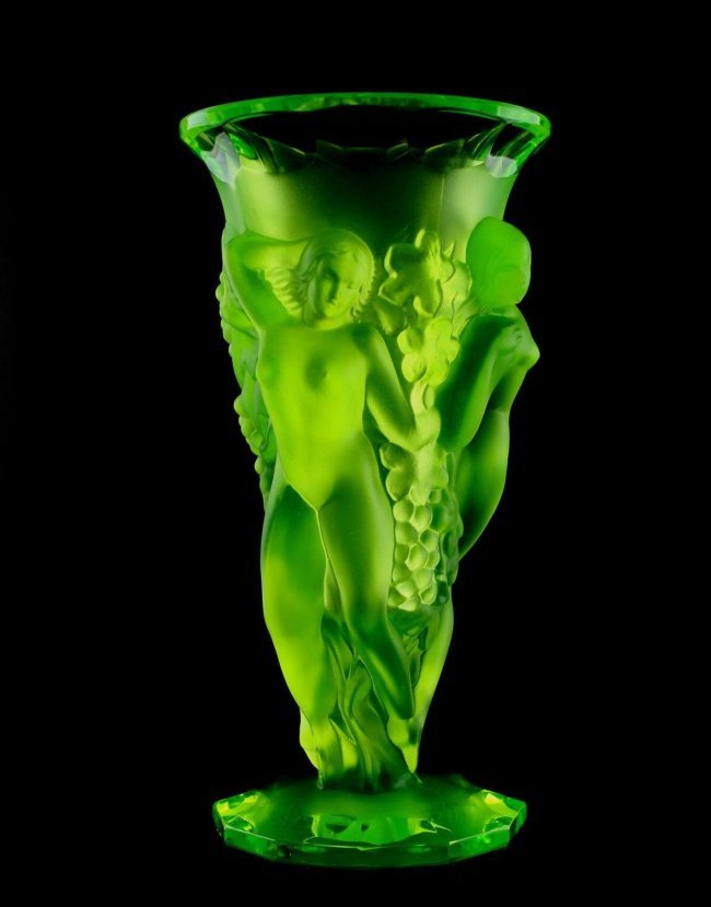 French Art Deco Bohemian Vaseline Art Glass Nude Vase: Art Deco Vaseline Glass Vase. This Vase was originally made by Lalique , this piece was made in Bohemia from ORIGINAL Antique vintage molds that was used back in 1930\'s. It is breathtaking high quali