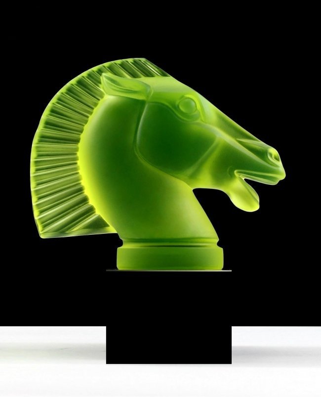Art Deco Vaseline Glass Car Mascot: ''Longchamp'' Very beautiful decoration,this piece is a great addition to collection or agreat gift. Art Deco Bohemian Vaseline Glass Car Mascot on Black Marble Glass Pedestal - The plinth is attached