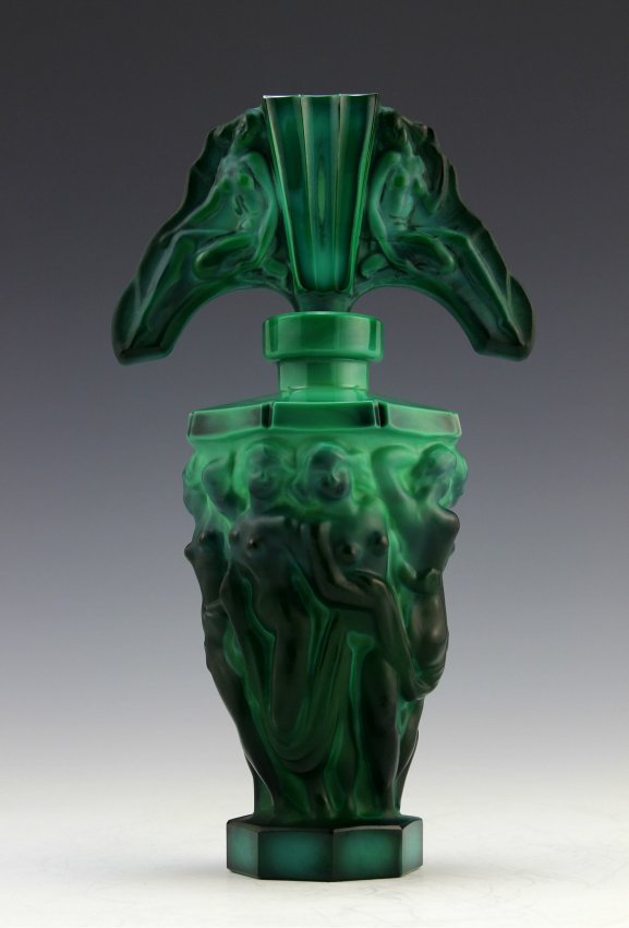 Art Deco Malachite Glass Vintage Perfume Bottle: This piece is a great addition to collection or a great gift.Art Deco Bohemian Malachite Glass Perfume Bottle. Originally made by LALIQUE, this piece was made in Bohemia from the ORIGINAL Antique Vint