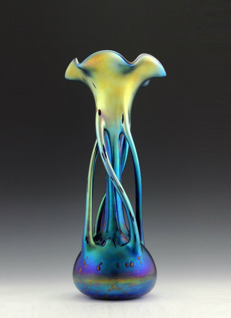 Bohemian Art Nouveau Loetz Style Glass Vase: Art Nouveau Iridescent Art Glass Vase. This piece is a great addition to collection or a great gift. Extraordinary beautiful piece of the finest quality glass. Dimensions: Height: 13 1/2 " ( 34 cm ),