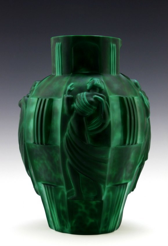 FANTASTIC ART DECO MALACHITE INGRID GLASS: Fantastic Nude Art Deco Malachite Glass Large Bacchantes Vase It is breathtaking high quality satin finish glass Vase in stylish Art Deco French design. This piece was made in Bohemia from ORIGINAL an