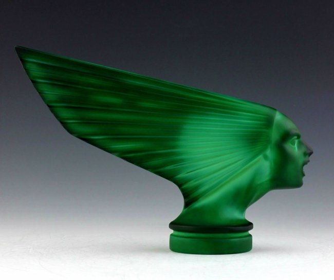 Malachite Glass ' Victoire ' Hood Ornament 1930's: Top Quality Art Deco Bohemian Malachite Jade Glass Car Mascot " Victoire " Hood Ornament Sculpture, it is breathtaking high quality satin finish glass sculpture in stylish art deco design. This car ma