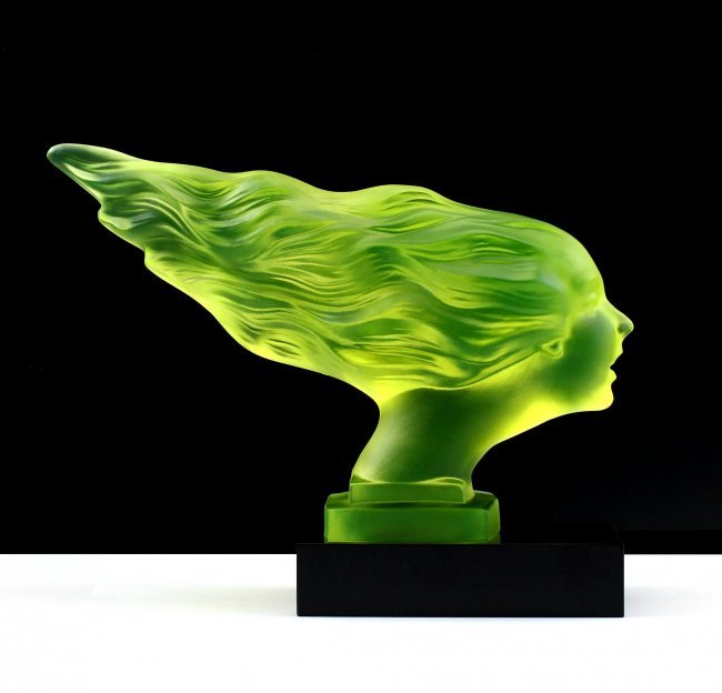 Art Deco Bohemian Vaseline Glass Car Mascot Figurine: ''Girl of the Wind'' Very beautiful decoration,this piece is a great addition to collection or agreat gift. Art Deco Bohemian Glass Car Mascot Statuette on Black Marble Glass Pedestal - The plinth is 