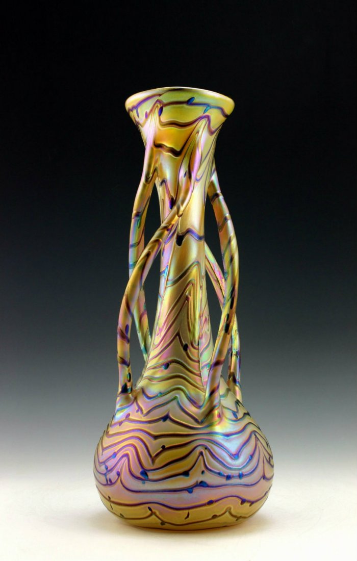 Glamorous Bohemian Art Nouveau Loetz Style Glass Vase: Art Nouveau Iridescent Art Glass Vase. This piece is a great addition to collection or a great gift. Extraordinary beautiful piece of the finest quality glass. Dimensions: Height: 13 1/2 " ( 34 cm ),