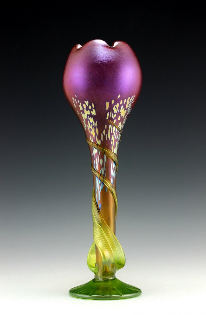 Glamorous Bohemian Art Nouveau Loetz Style Glass Vase: Art Nouveau Iridescent Art Glass Vase. This piece is a great addition to collection or a great gift. Extraordinary beautiful piece of the finest quality glass. Dimensions: Height: 13 " ( 33 cm ), Widt