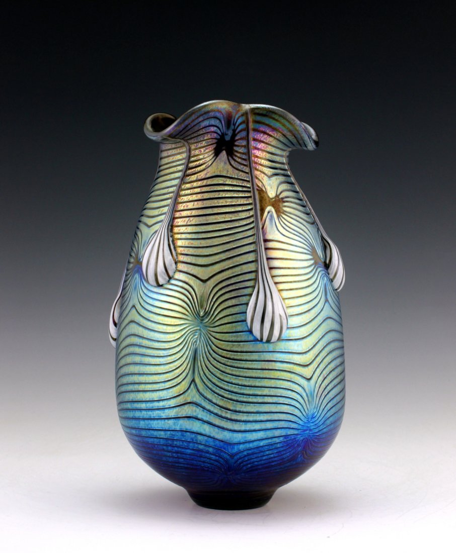 Glamorous Bohemian Art Nouveau Loetz Style Glass Vase: Art Nouveau Iridescent Art Glass Vase. This piece is a great addition to collection or a great gift. Extraordinary beautiful piece of the finest quality glass. Dimensions: Height: 8 " ( 20 cm ), Width