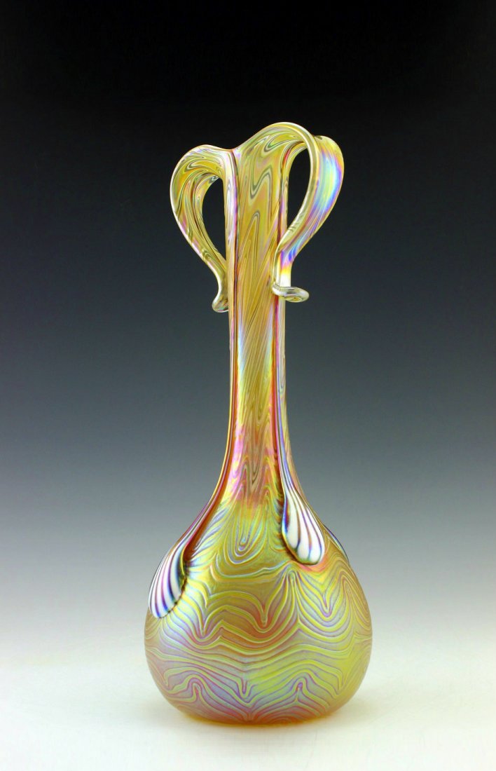 Glamorous Bohemian Art Nouveau Loetz Style Glass Vase: Art Nouveau Iridescent Art Glass Vase. This piece is a great addition to collection or a great gift. Extraordinary beautiful piece of the finest quality glass. Dimensions: Height: 13 " ( 33 cm ), Widt