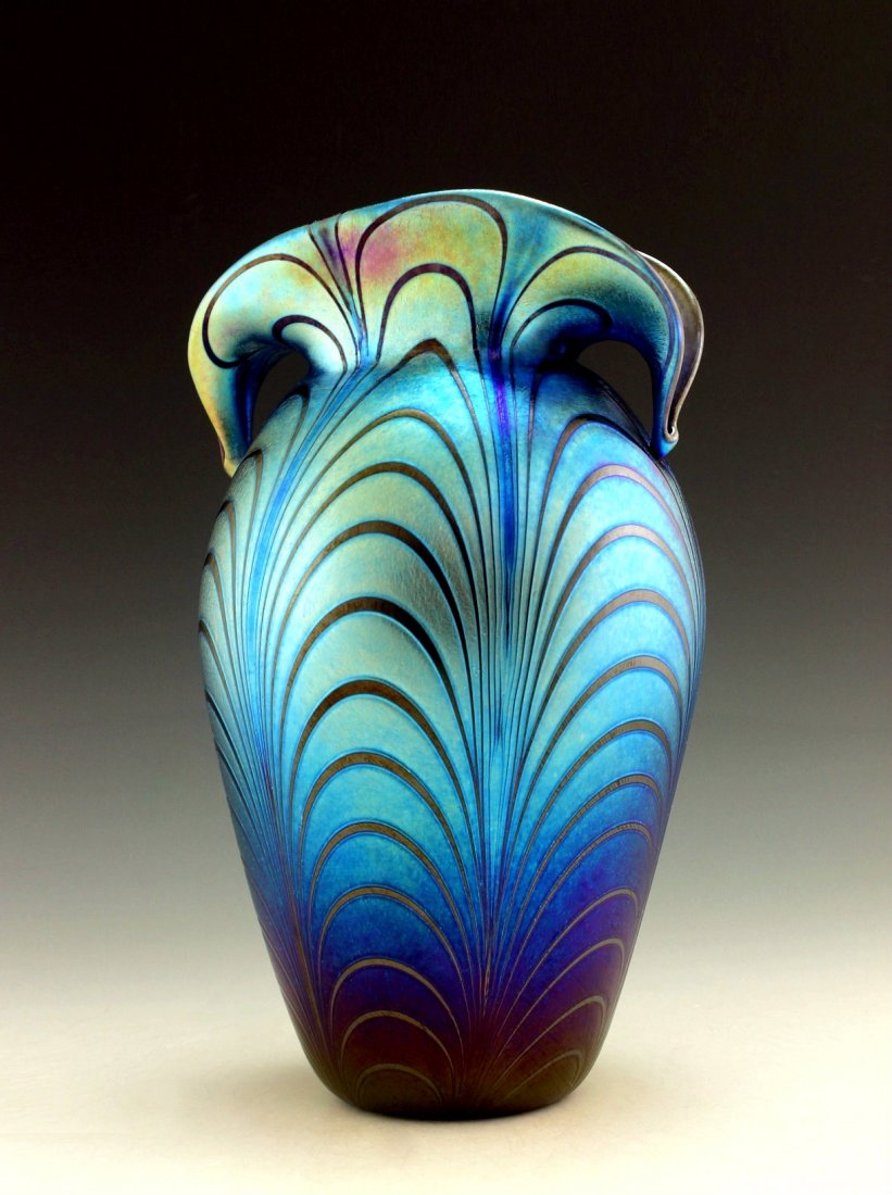 Glamorous Bohemian Art Nuveau Loetz Style Glass Vase: Art Nouveau Iridescent Art Glass Vase. This piece is a great addition to collection or a great gift. Extraordinary beautiful piece of the finest quality glass. Dimensions: Height: 9 " ( 23 cm ), Width