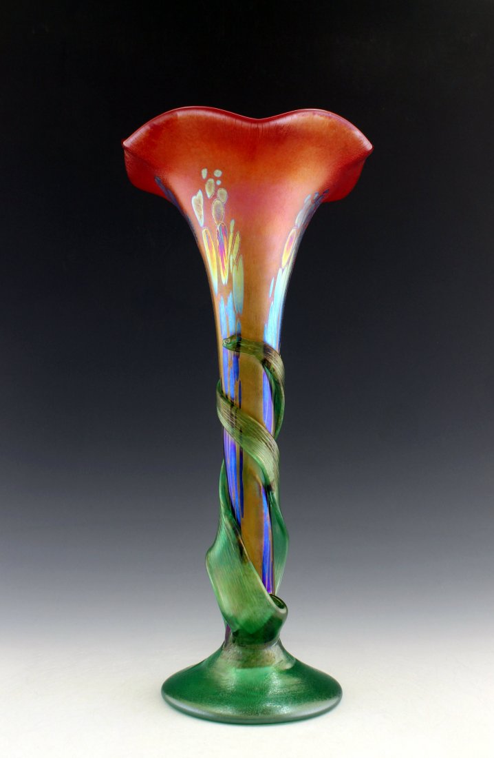 Glamorous Bohemian Art Nouveau Loetz Style Glass Vase: Art Nouveau Iridescent Art Glass Vase. This piece is a great addition to collection or a great gift. Extraordinary beautiful piece of the finest quality glass. Dimensions: Height: 13 \" ( 33 cm ), Wid