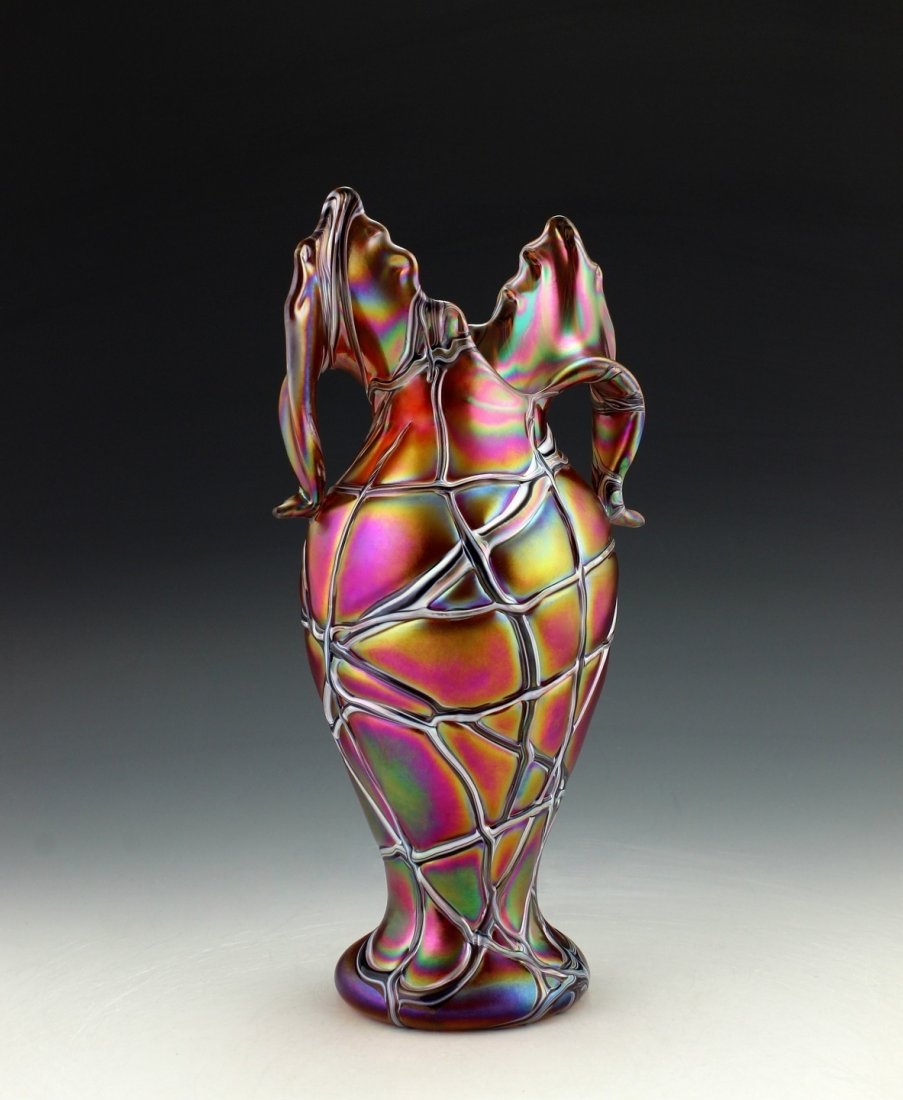 Glamorous Bohemian Art Nouveau Loetz Style Glass Vase: Art Nouveau Iridescent Art Glass Vase. This piece is a great addition to collection or a great gift. Extraordinary beautiful piece of the finest quality glass. Dimensions: Height: 9 " ( 23 cm ), Width