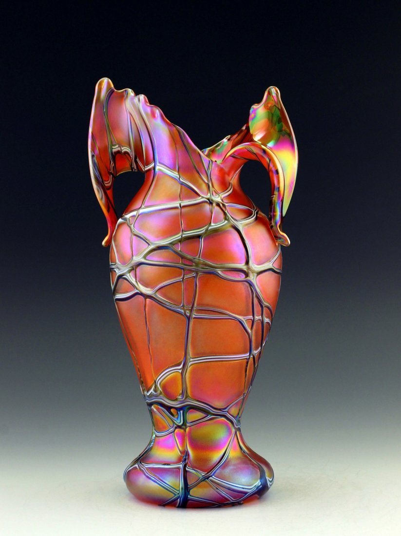 Glamorous Bohemian Art Nouveau Glass Vase Loetz Style: Art Nouveau Iridescent Art Glass Vase. This piece is a great addition to collection or a great gift. Extraordinary beautiful piece of the finest quality glass. Dimensions: Height: 9 " ( 23 cm ), Width
