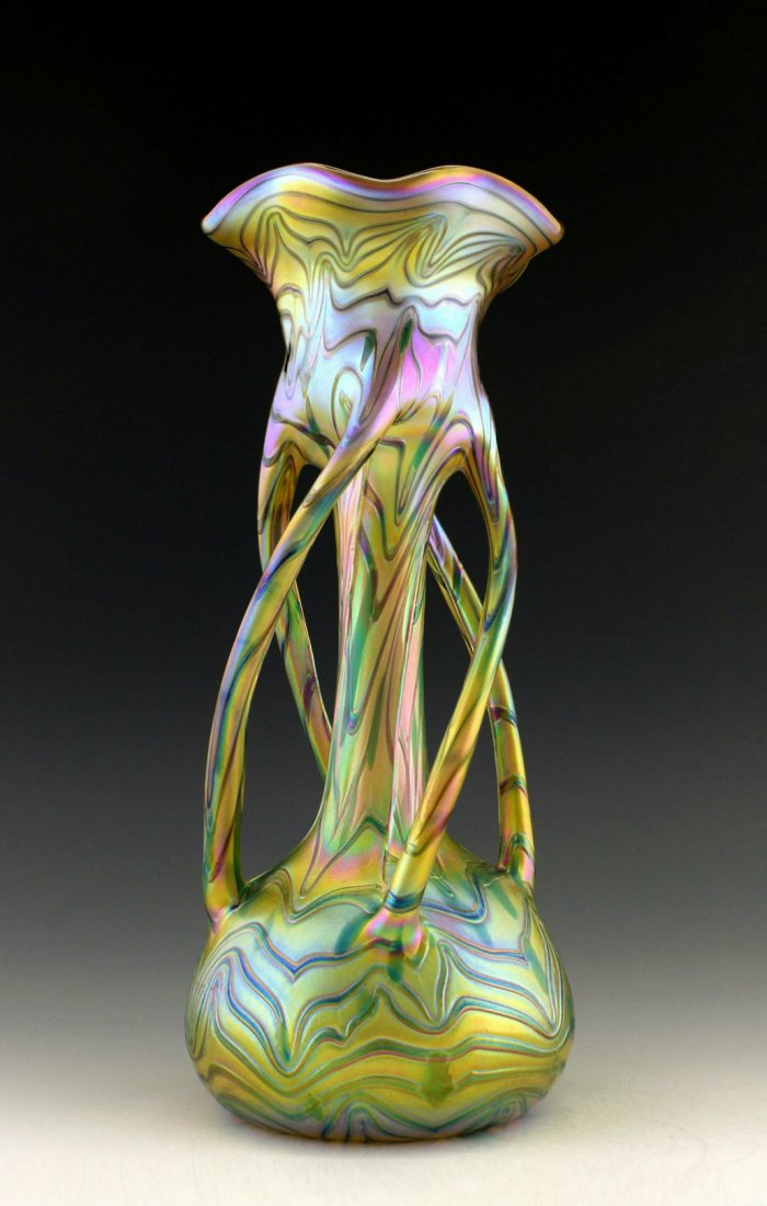 Glamorous Bohemian Art Nouveau Loetz Style Glass Vase: Art Nouveau Iridescent Art Glass Vase. This piece is a great addition to collection or a great gift. Extraordinary beautiful piece of the finest quality glass. Dimensions: Height: 12 " ( 30 cm ), Widt