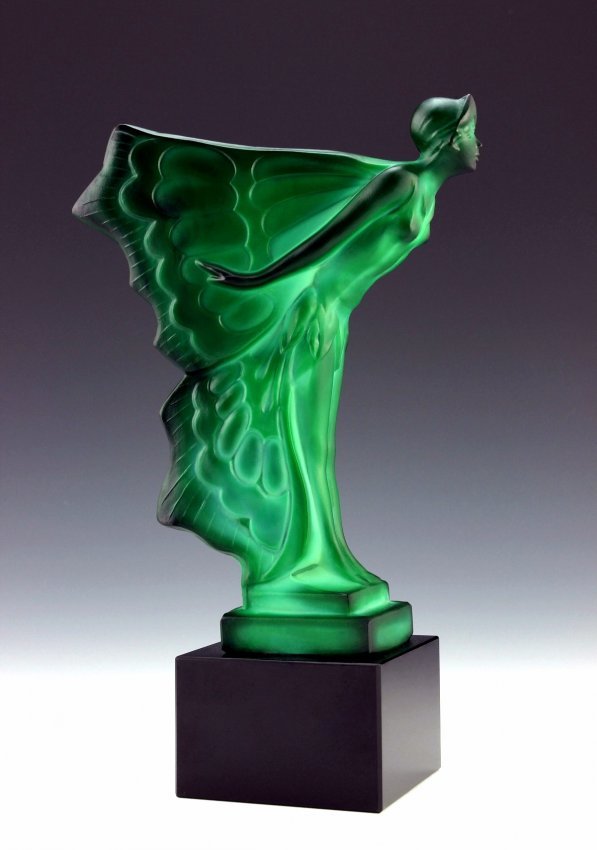 Art Deco 1930: This piece is a great addition to collection or a great gift. Timeless design - Top Qality Art Deco Malachite Glass Car Mascot Hood Ornament ' Nude Flying Lady ' Figurine. This car mascot was original