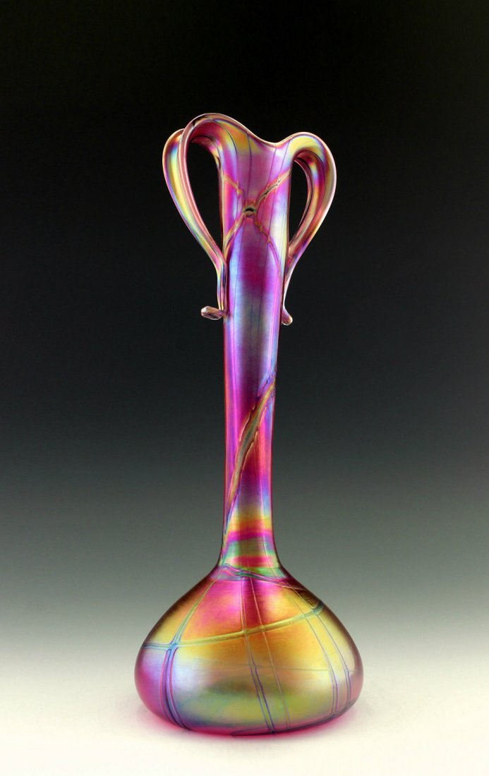 Glamorous Bohemian Art Nouveau Glass Vase: Art Nouveau Iridescent Art Glass Vase Loetz Style. This piece is a great addition to collection or a great gift. Extraordinary beautiful piece of the finest quality glass. Dimensions: Height: 12 " ( 3