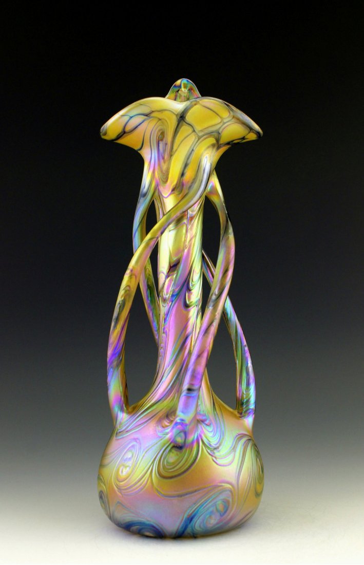 Glamorous Bohemian Art Nouveau Glass Vase: Art Nouveau Iridescent Art Glass Vase Loetz Style. This piece is a great addition to collection or a great gift. Extraordinary beautiful piece of the finest quality glass. Dimensions: Height: 13 " ( 3
