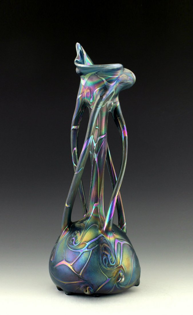 Bohemian Art Nouveau Iridescent Art Glass Vase: Art Nouveau Iridescent Art Glass Vase. This piece is a great addition to collection or a great gift. Extraordinary beautiful piece of the finest quality glass. Dimensions: Height: 14 " ( 36 cm ), Widt