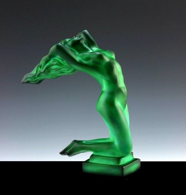 Art Deco 1930' Jade Car Mascot Figurine ' Chrysis ': This piece is a great addition to collection or a great gift. Timeless design - Top Qality Art Deco Malachite Art Glass Car Mascot Hood Ornament ' Chrysis ' Nude Lady Figurine. This car mascot was ori