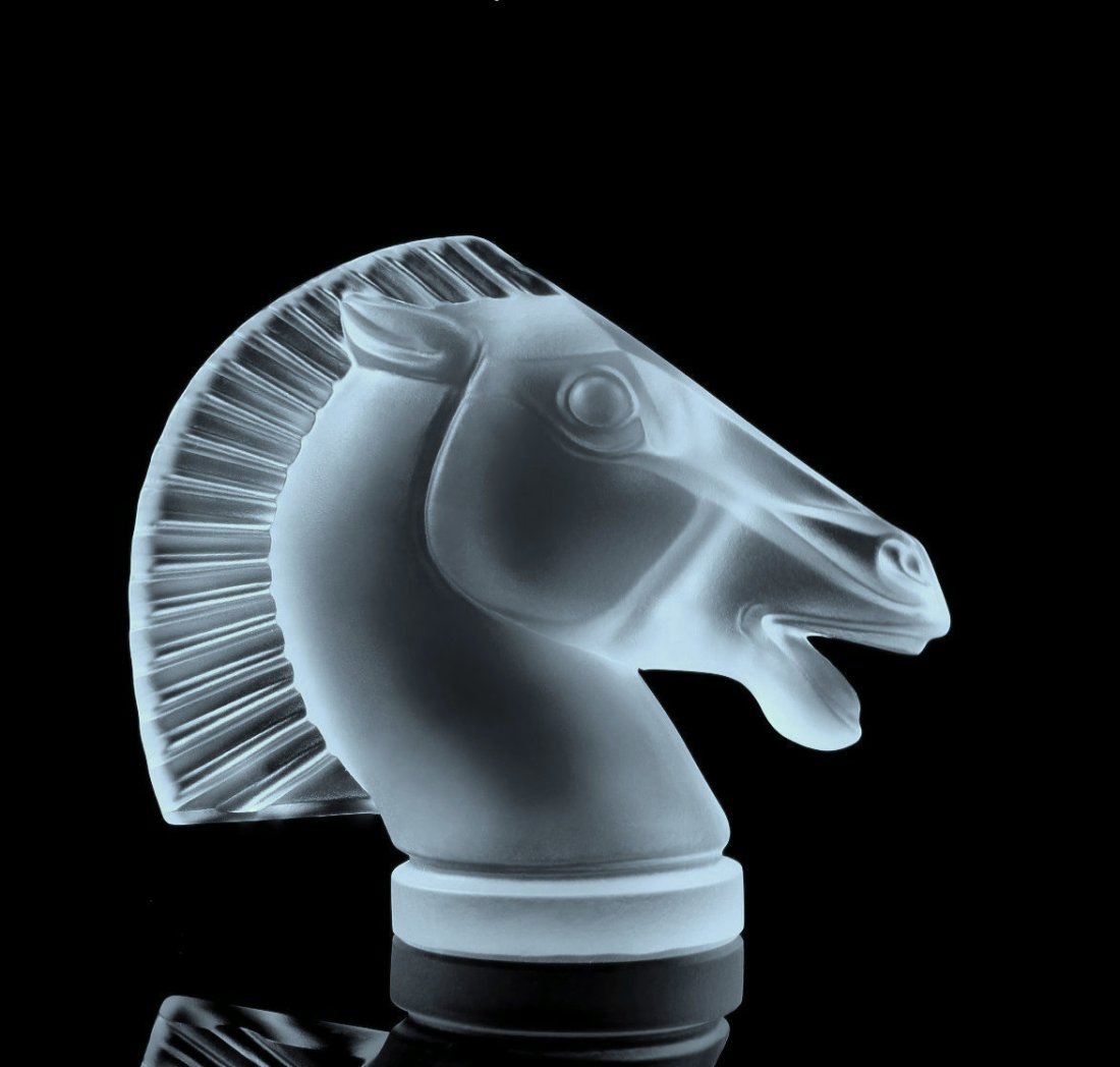 Art Deco 1930' Art Glass H.Hoffmann by Lalique: This piece is a great addition to collection or a great gift. Timeless design - Top Qality Art Deco Glass Car Mascot Hood Ornament ' Longchamp ' Figurine Head Horse.. This car mascot was originally ma