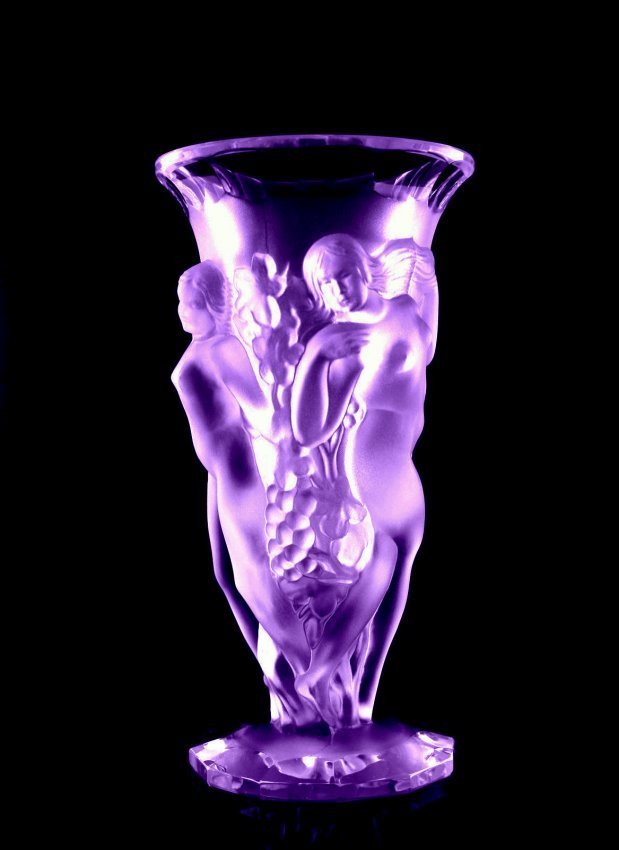 Glamorous Art Deco Alexandrite Nude Bacchantes Vases: This piece is a great addition to collection or a great gift. Timeless design - Top Qality Art Deco Glass Vase. This vase was originally made by LALIQUE. This piece was made in Bohemia from ORIGINAL a