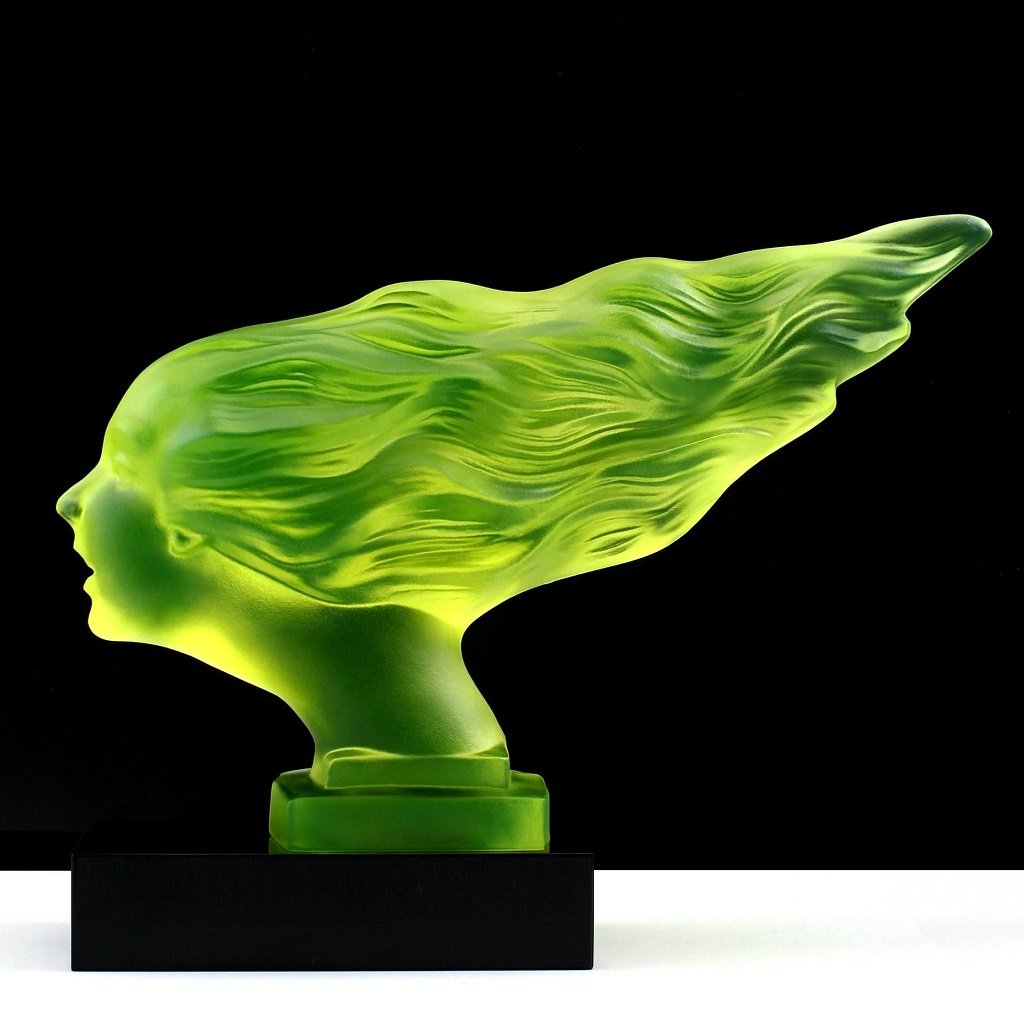Art Deco 1930 ' Speed Girl ' Vaseline Glass H.Hoffmann: This piece is a great addition to collection or a great gift. Top Quality Vaseline Glass. This car mascot was originally made by LALIQUE. This piece was made in Bohemia from ORIGINAL antique molds tha