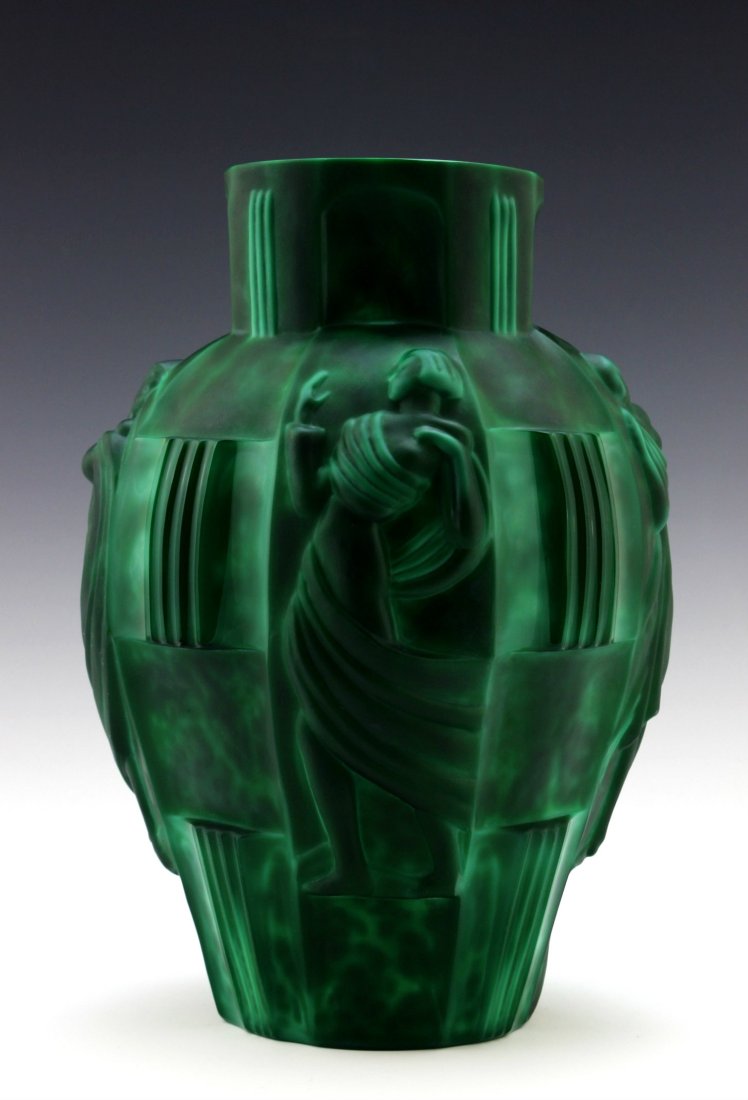 Art Deco 1930' Bohemian Malachite Glass Vase H.Hoffmann: Fantastic Nude Art Deco Malachite Glass Large Bacchantes Vase It is breathtaking high quality satin finish glass Vase in stylish Art Deco French design. This piece was made in Bohemia from ORIGINAL an