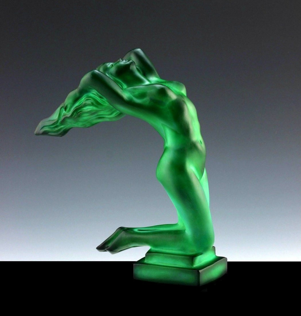 Art Deco 1930' Jade Car Mascot Figurine ' Chrysis ': This piece is a great addition to collection or a great gift. Timeless design - Top Qality Art Deco Malachite Art Glass Car Mascot Hood Ornament ' Chrysis ' Nude Lady Figurine. This car mascot was ori