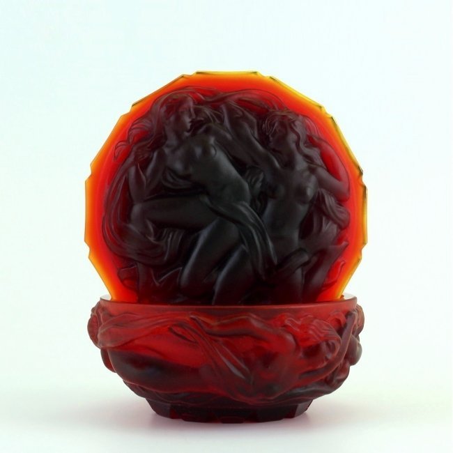 Art Deco 1930' Decorative Ruby Red Glass Jewelry Box Nude Ladies: This piece is a great addition to collection or a great gift. Top Quality Rare Red Glass Box - excellent colour and detail. This box was originally made by LALIQUE. This piece was made in Bohemia from