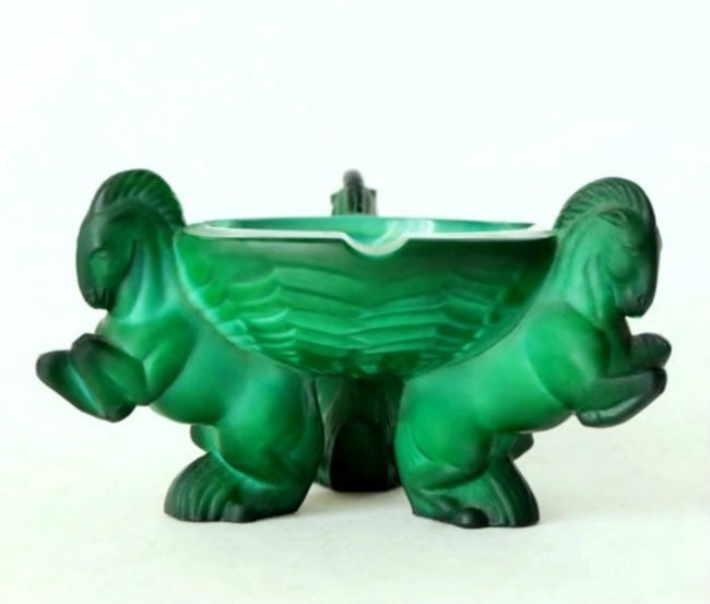 Art Deco 1930' Malachite Art Glass Bowl Ashtray (1 of 2)