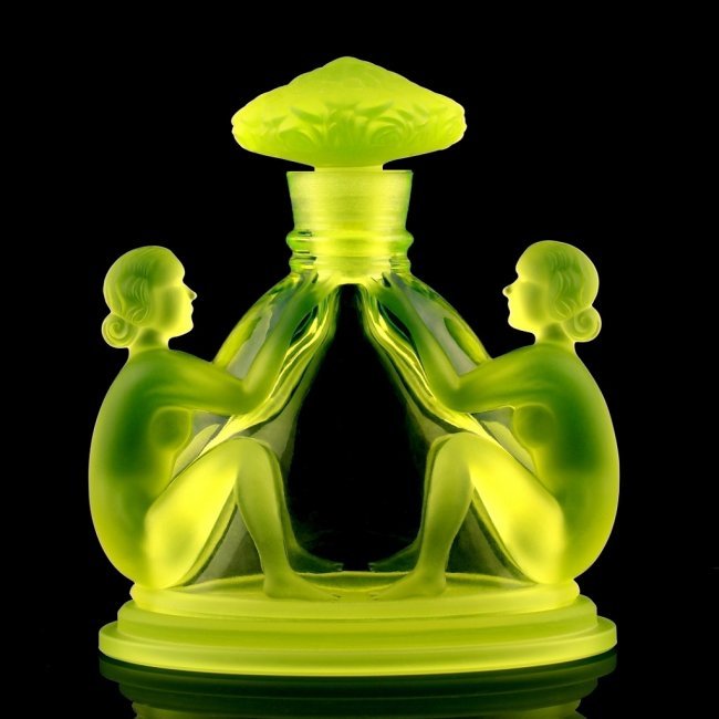 Art Deco Vaseline Glass Perfume Bottle 1930' H.Hoffmann (1 of 2)