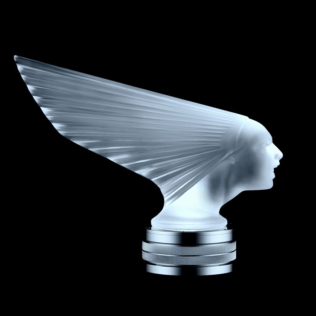 Art Deco 1930' Glass VICTOIRE Car Mascot 'Spirit Of The Wind' Hood Ornament + illuminated Base (1 of 5)